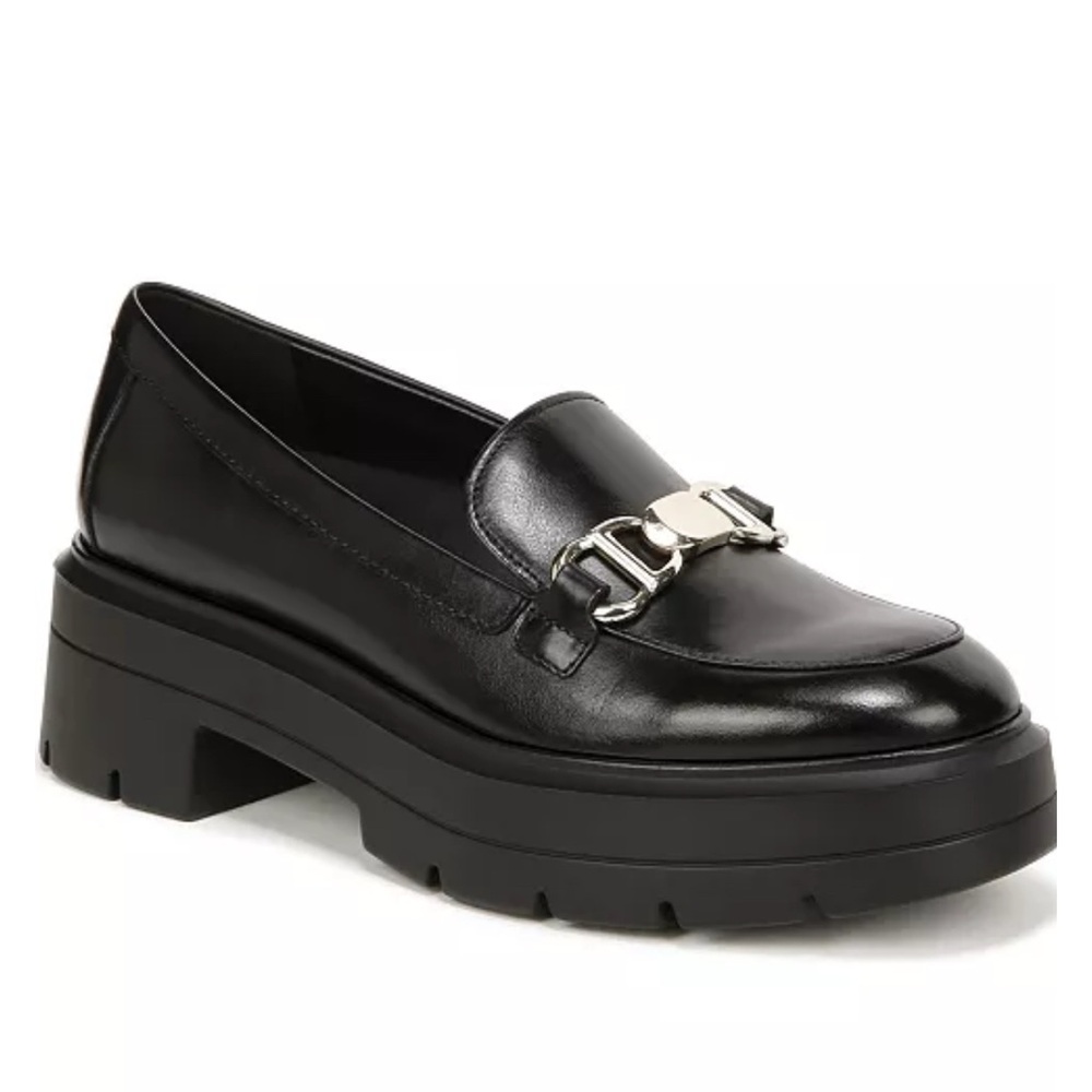 Naturalizer Black Leather Chunky Loafer with Silver Hardware
